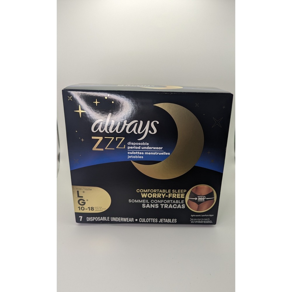 Always ZZZ Disposable Period Underwear Large Size 10-18 Black 7 Count Pack New